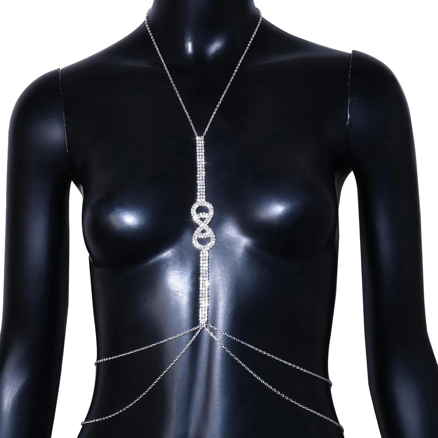 Sexy Rhinestone Chest Chain Jewelry Rave Festival Harness Body Chain Jewelry Long Rhinestone Body Chain Necklace Double Layered Crystal Waist Chain Jewelry for Women