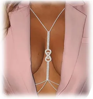 Sexy Rhinestone Chest Chain Jewelry Rave Festival Harness Body Chain Jewelry Long Rhinestone Body Chain Necklace Double Layered Crystal Waist Chain Jewelry for Women