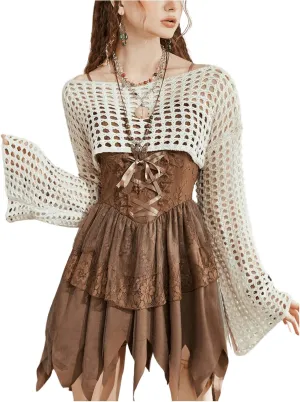 SHENHE Women's Hollow Out Knit Bolero Shrug Crochet Cropped Sweater Top Bell Long Sleeve Y2K Cover Up Top
