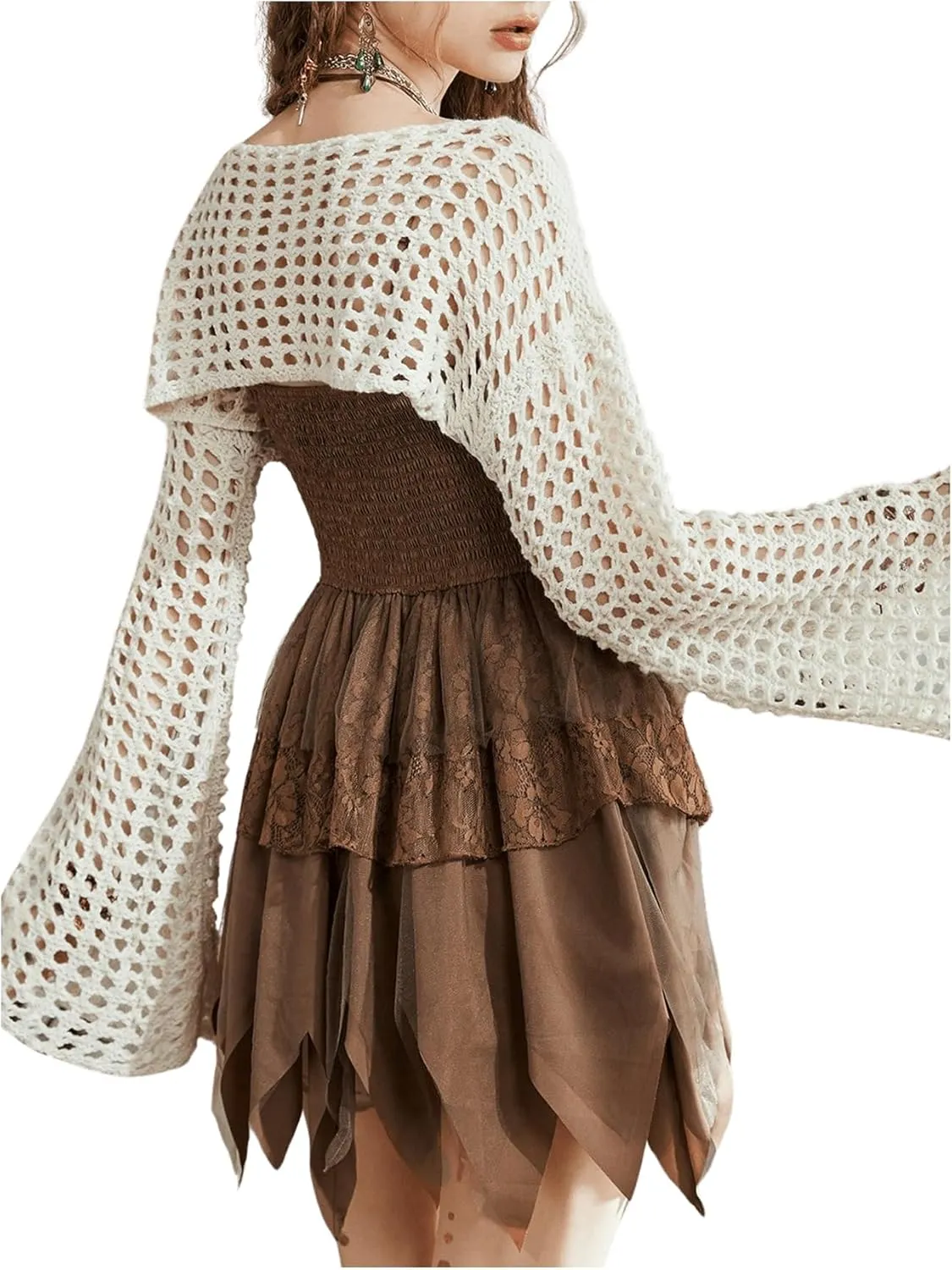 SHENHE Women's Hollow Out Knit Bolero Shrug Crochet Cropped Sweater Top Bell Long Sleeve Y2K Cover Up Top