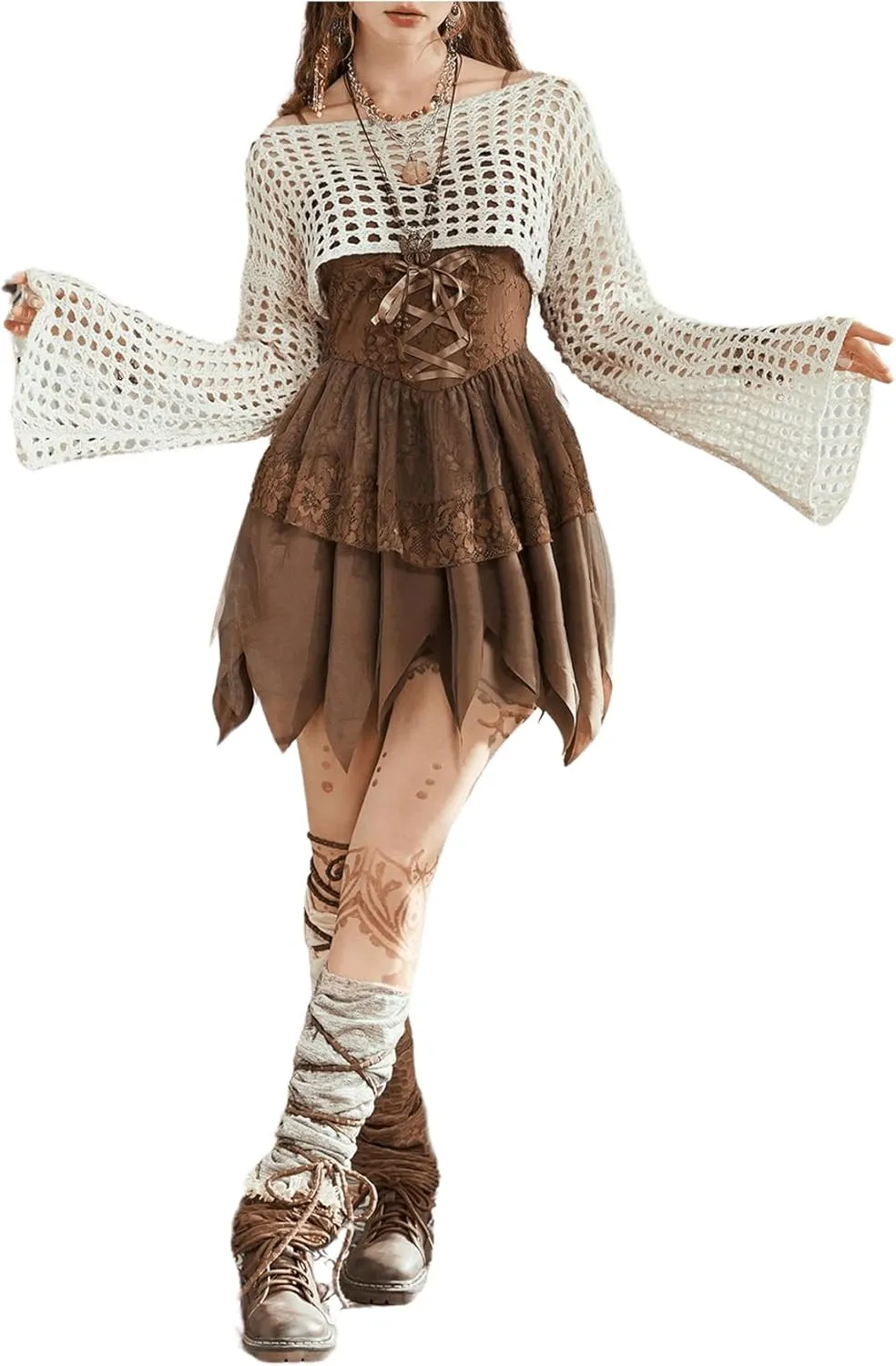 SHENHE Women's Hollow Out Knit Bolero Shrug Crochet Cropped Sweater Top Bell Long Sleeve Y2K Cover Up Top