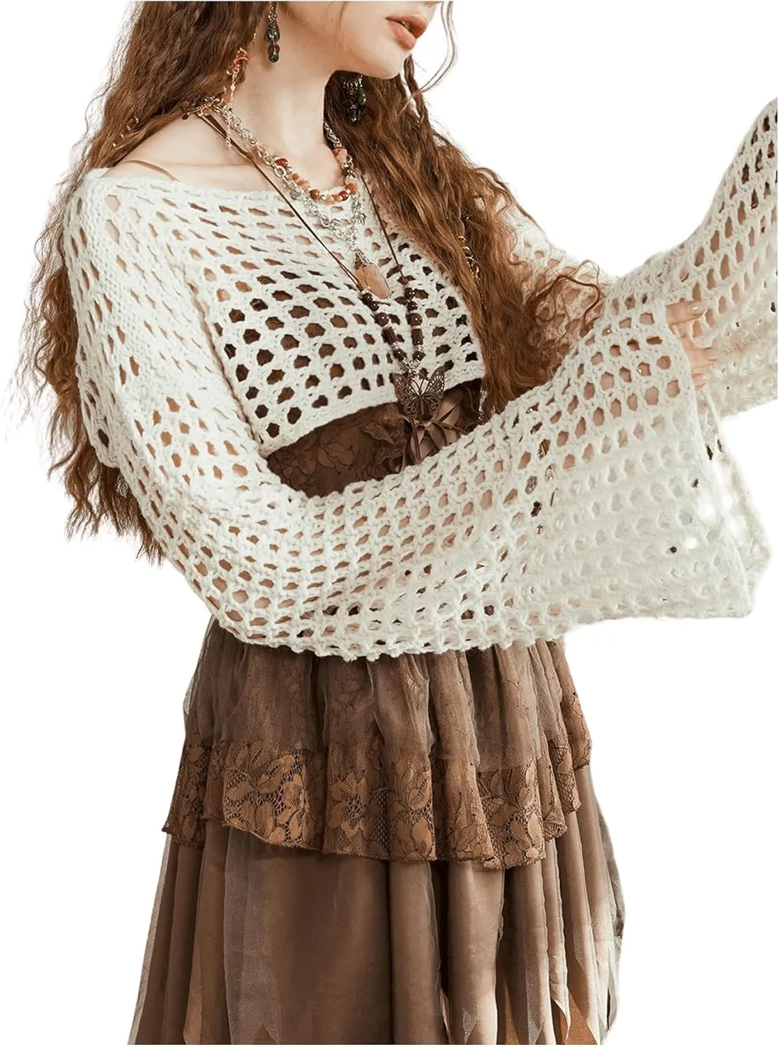 SHENHE Women's Hollow Out Knit Bolero Shrug Crochet Cropped Sweater Top Bell Long Sleeve Y2K Cover Up Top