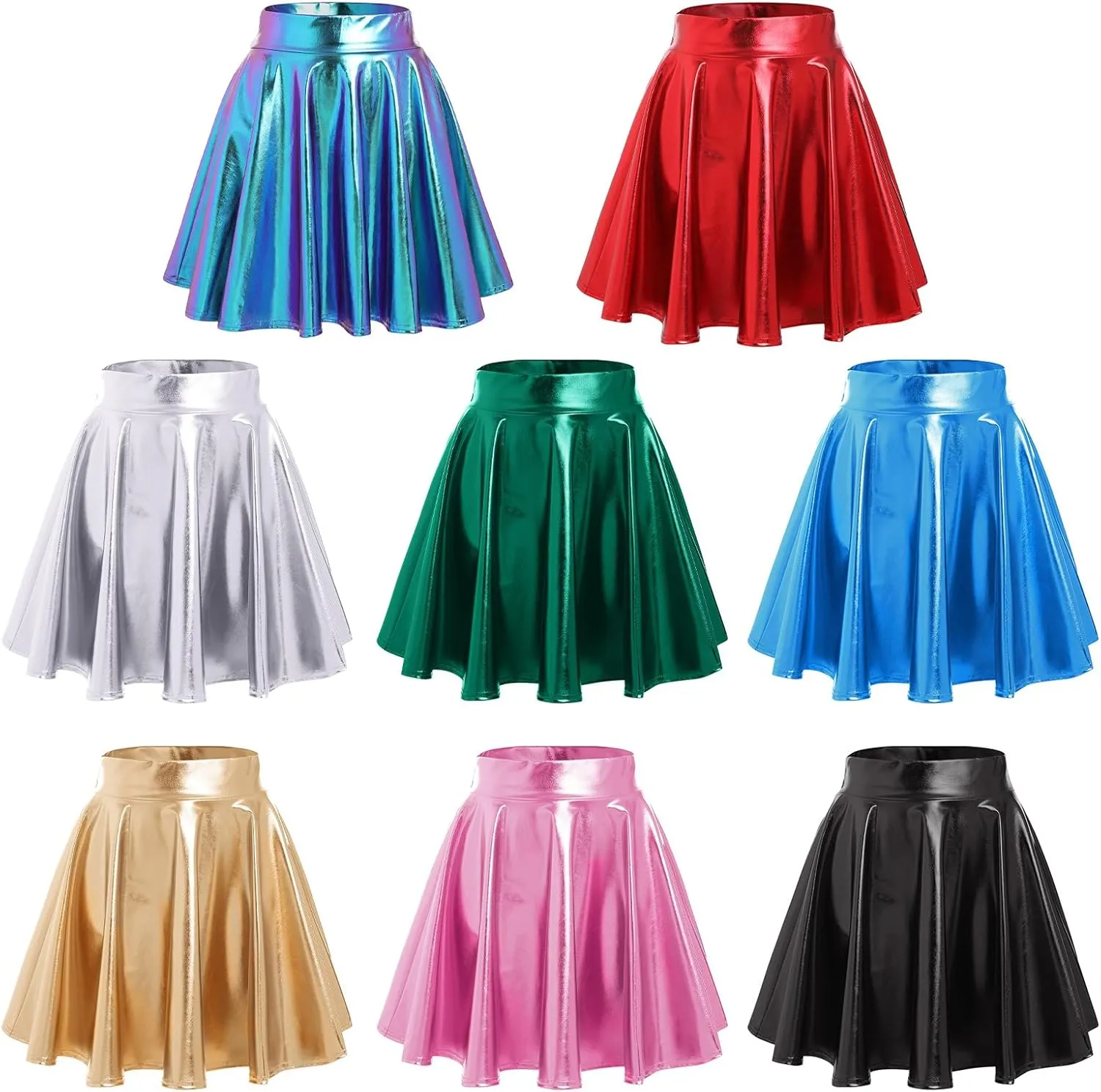 Shiny Metallic Skirts for Women Wet Look Pleated Flared Mini Skater Skirt Rave Outfits for Women Festival Holographic Skirt
