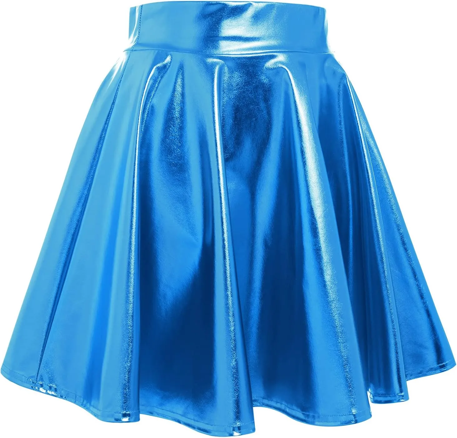 Shiny Metallic Skirts for Women Wet Look Pleated Flared Mini Skater Skirt Rave Outfits for Women Festival Holographic Skirt