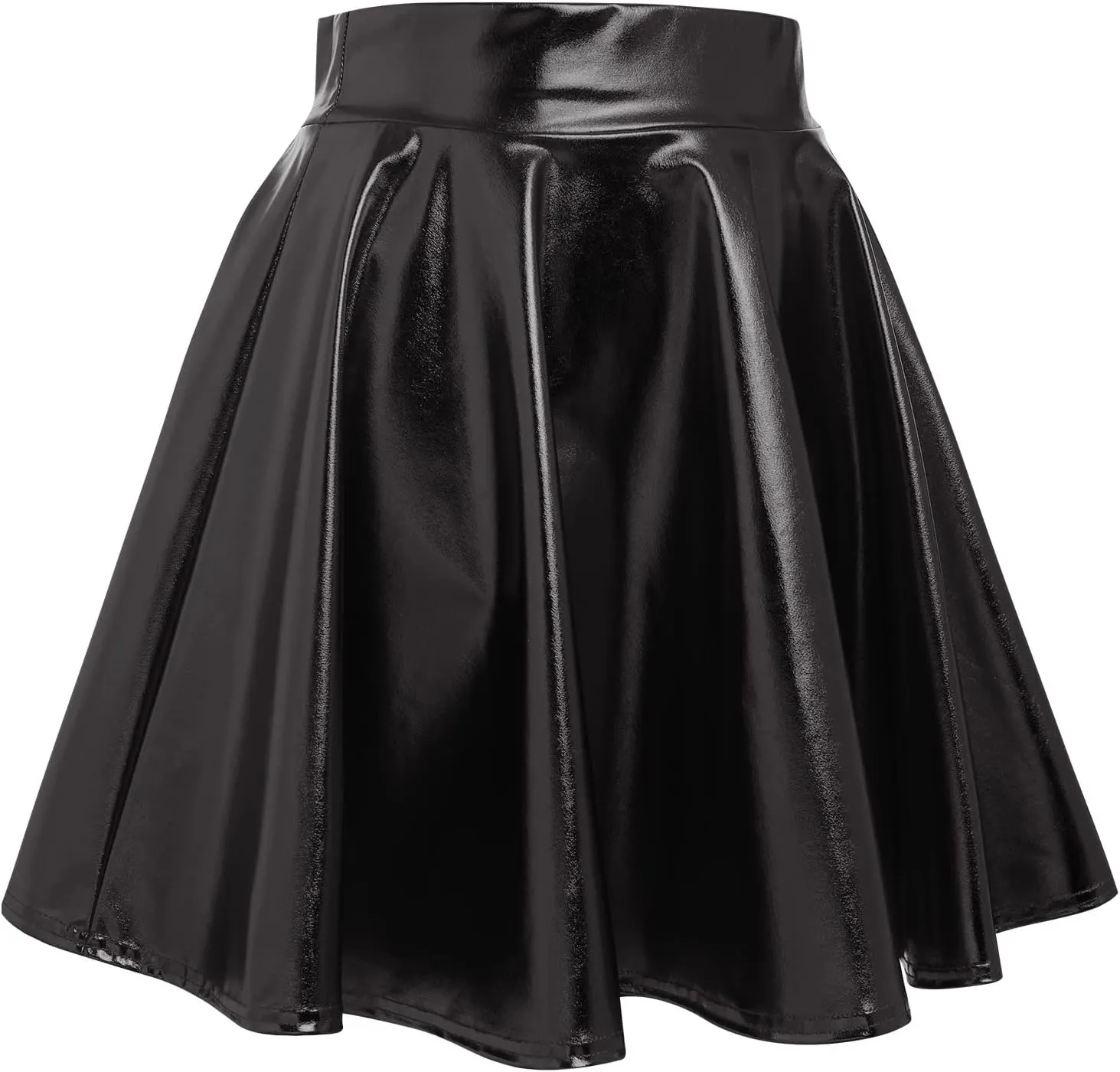 Shiny Metallic Skirts for Women Wet Look Pleated Flared Mini Skater Skirt Rave Outfits for Women Festival Holographic Skirt