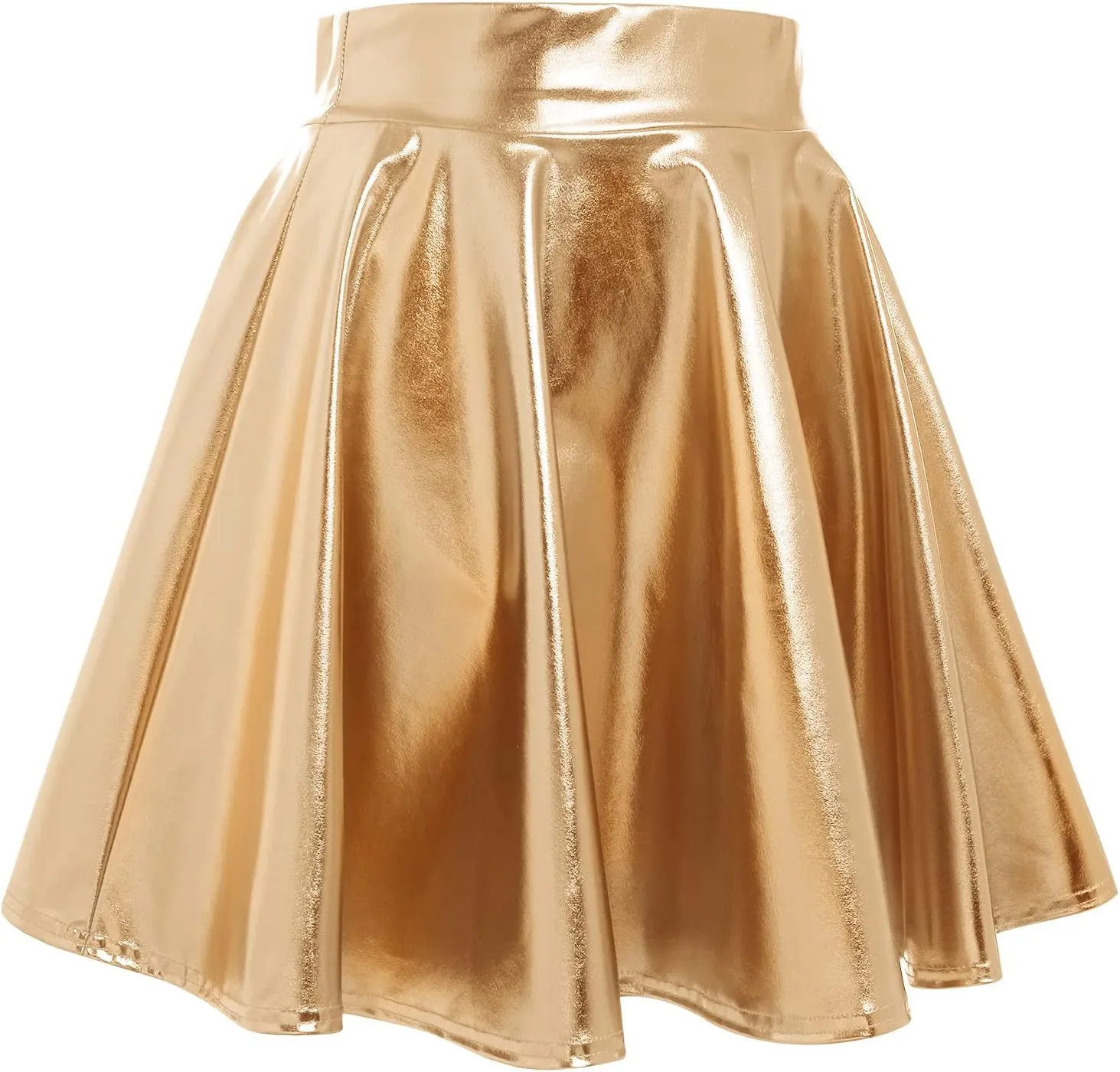 Shiny Metallic Skirts for Women Wet Look Pleated Flared Mini Skater Skirt Rave Outfits for Women Festival Holographic Skirt