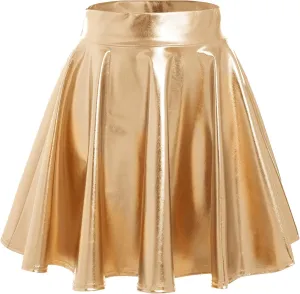 Shiny Metallic Skirts for Women Wet Look Pleated Flared Mini Skater Skirt Rave Outfits for Women Festival Holographic Skirt