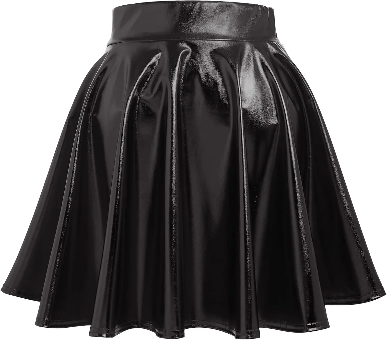 Shiny Metallic Skirts for Women Wet Look Pleated Flared Mini Skater Skirt Rave Outfits for Women Festival Holographic Skirt