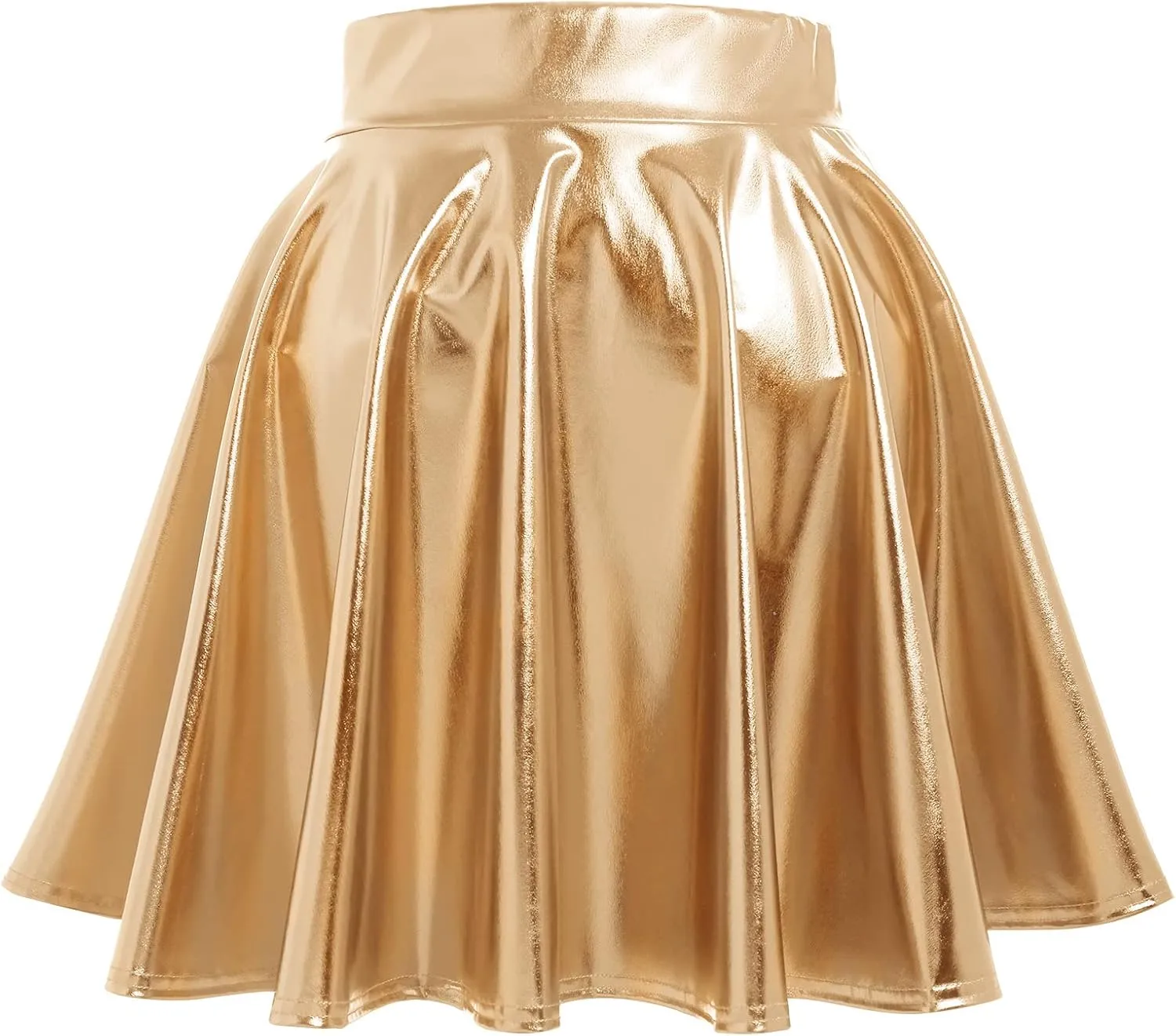 Shiny Metallic Skirts for Women Wet Look Pleated Flared Mini Skater Skirt Rave Outfits for Women Festival Holographic Skirt