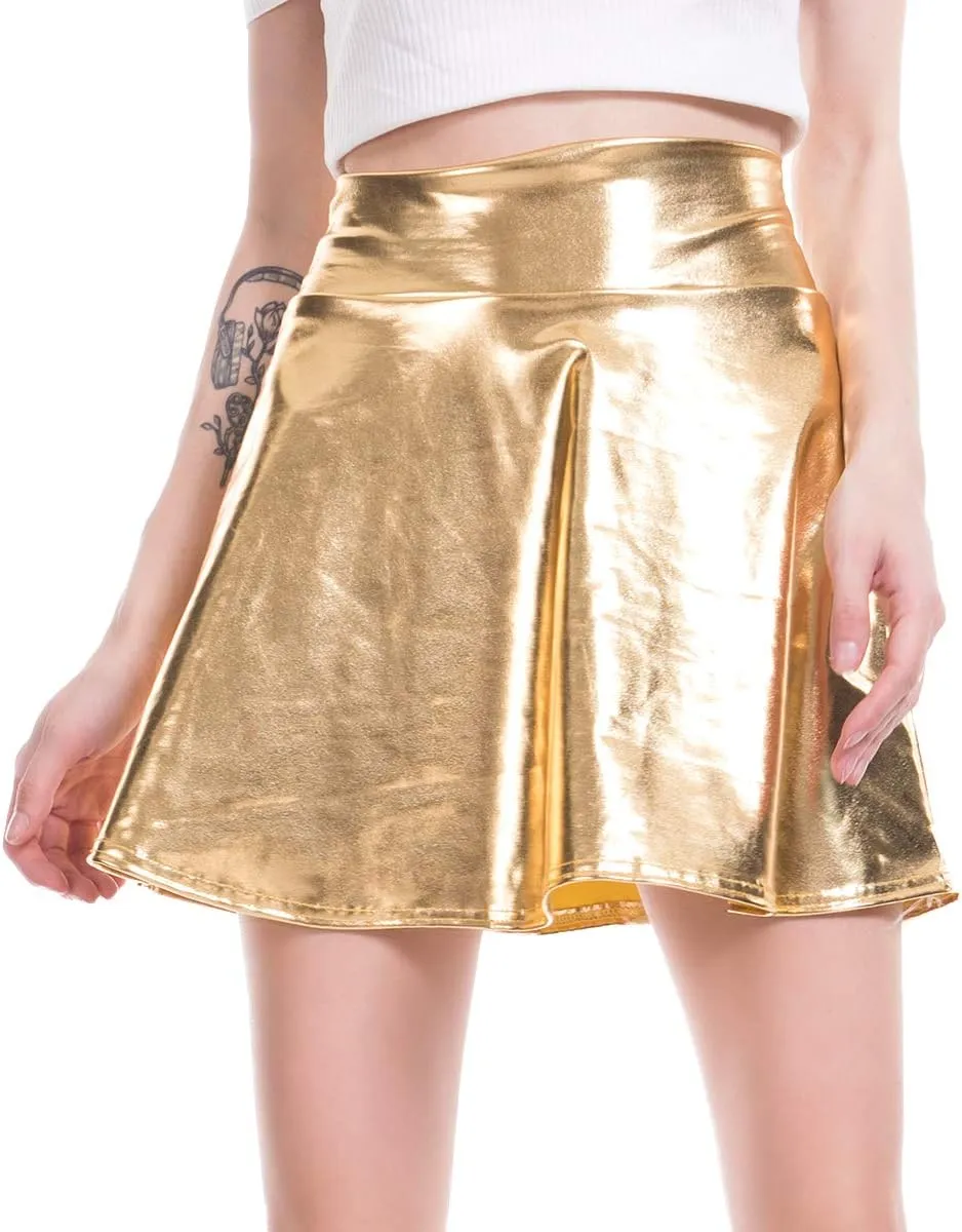 Shiny Metallic Skirts for Women Wet Look Pleated Flared Mini Skater Skirt Rave Outfits for Women Festival Holographic Skirt