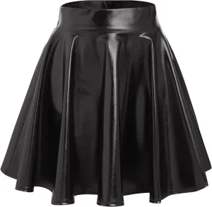 Shiny Metallic Skirts for Women Wet Look Pleated Flared Mini Skater Skirt Rave Outfits for Women Festival Holographic Skirt