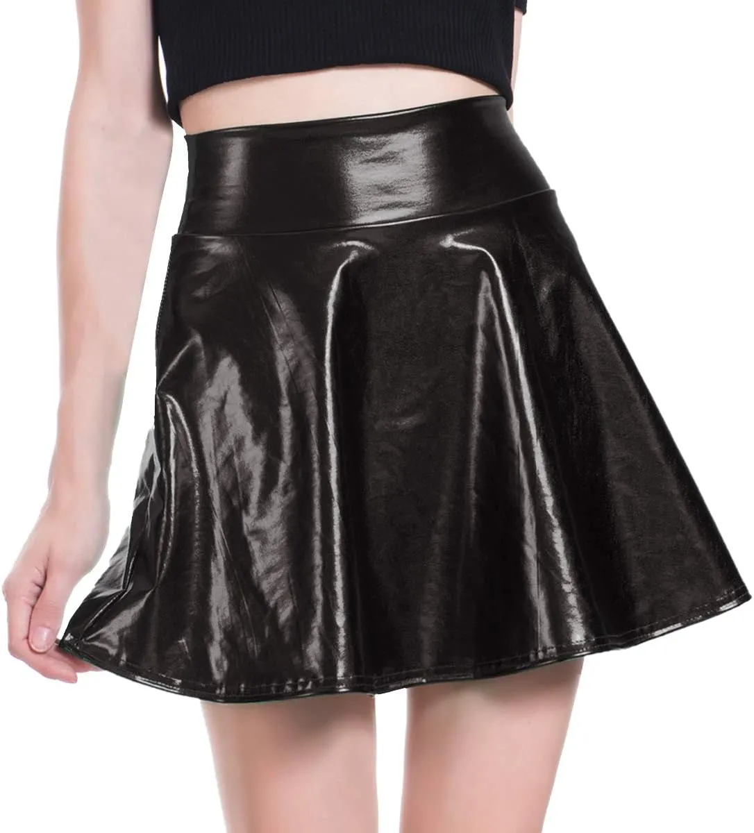 Shiny Metallic Skirts for Women Wet Look Pleated Flared Mini Skater Skirt Rave Outfits for Women Festival Holographic Skirt