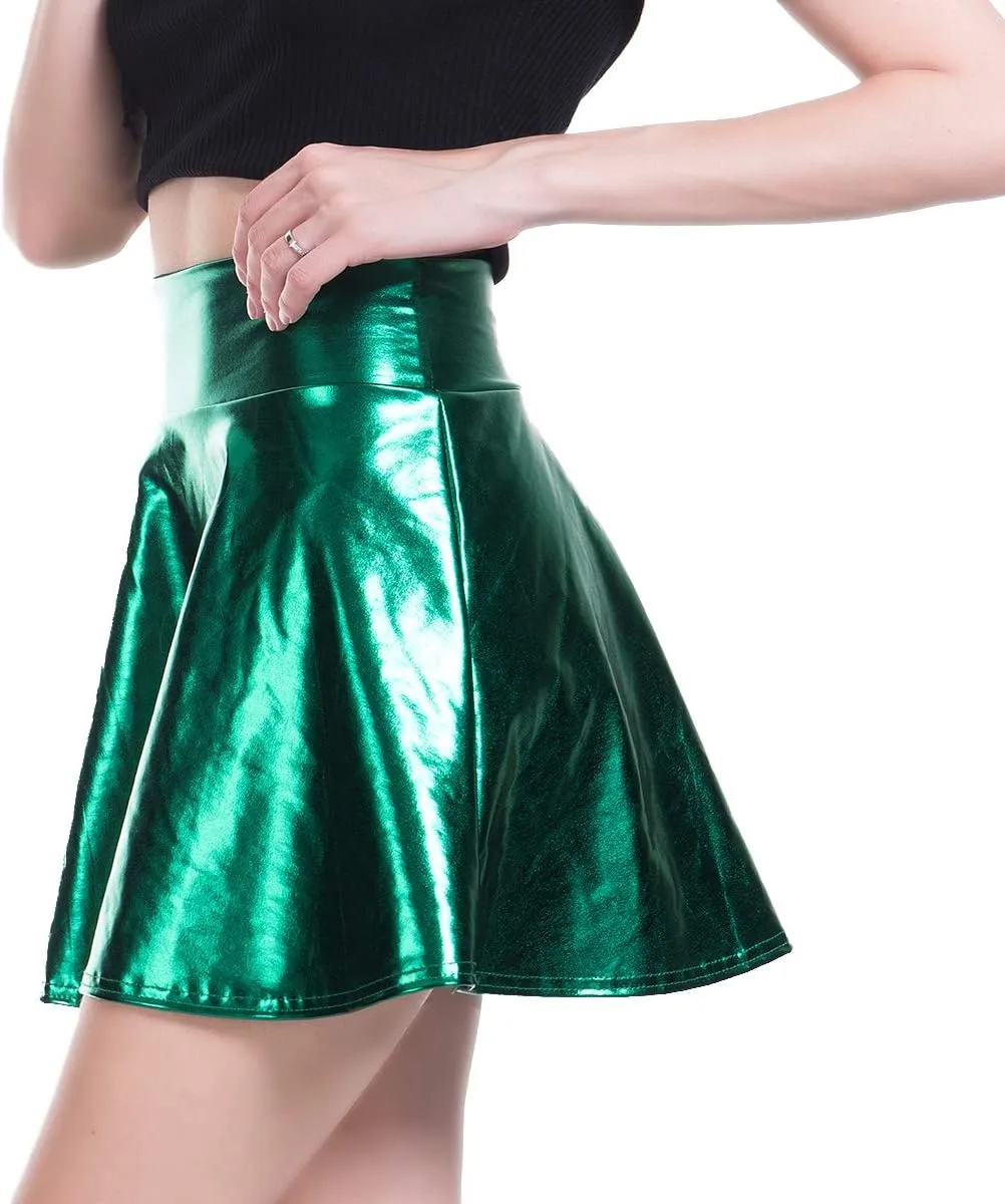 Shiny Metallic Skirts for Women Wet Look Pleated Flared Mini Skater Skirt Rave Outfits for Women Festival Holographic Skirt