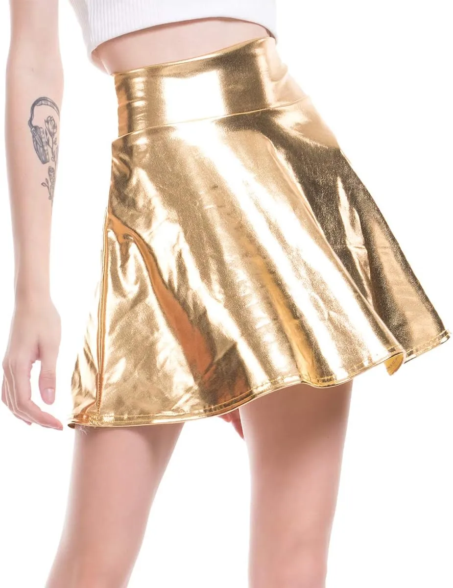 Shiny Metallic Skirts for Women Wet Look Pleated Flared Mini Skater Skirt Rave Outfits for Women Festival Holographic Skirt
