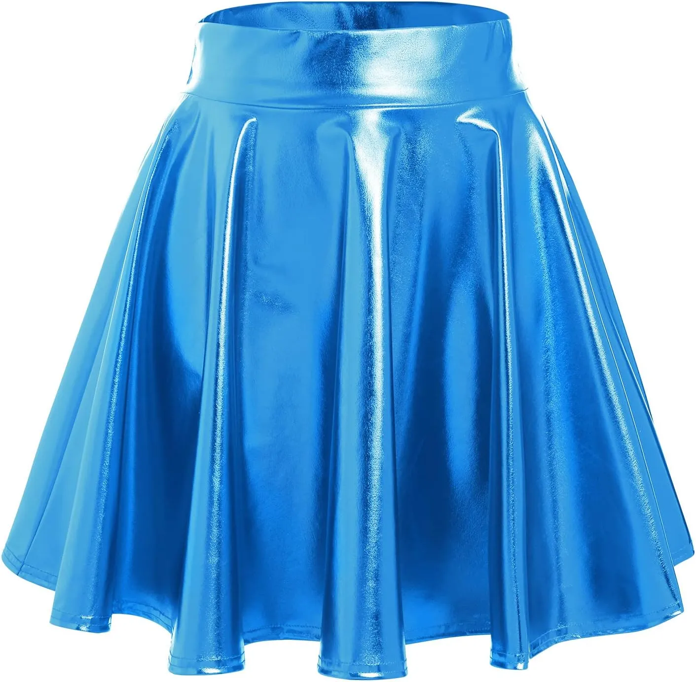 Shiny Metallic Skirts for Women Wet Look Pleated Flared Mini Skater Skirt Rave Outfits for Women Festival Holographic Skirt