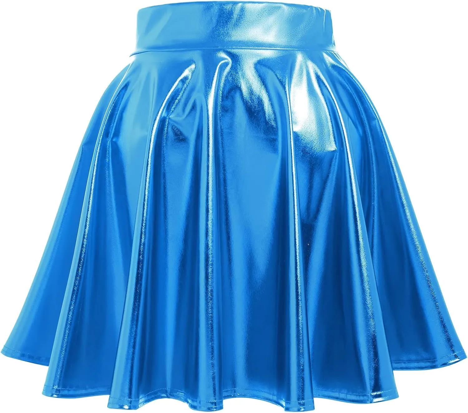Shiny Metallic Skirts for Women Wet Look Pleated Flared Mini Skater Skirt Rave Outfits for Women Festival Holographic Skirt