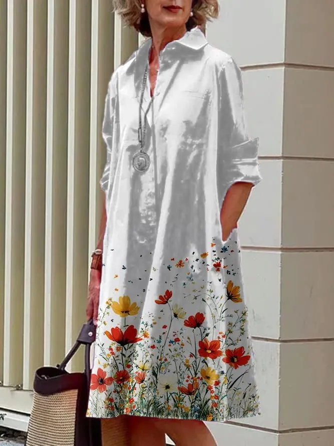 Shirt Dress for Women Floral Plus Size Long Sleeve Collared Button Down 2025 Summer Casual Midi Tunic Tshirt Dress
