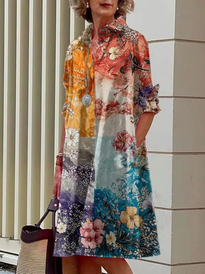 Shirt Dress for Women Floral Plus Size Long Sleeve Collared Button Down 2025 Summer Casual Midi Tunic Tshirt Dress