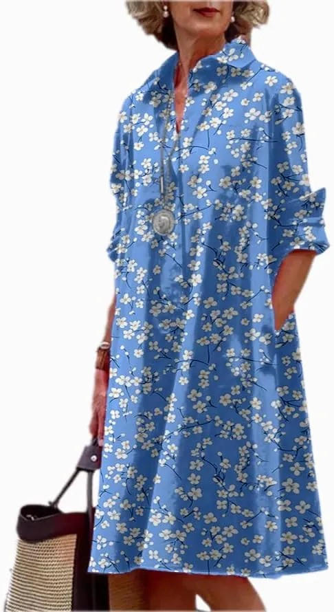 Shirt Dress for Women Floral Plus Size Long Sleeve Collared Button Down 2025 Summer Casual Midi Tunic Tshirt Dress