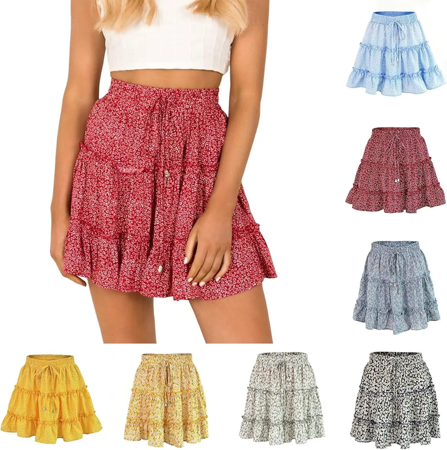 Short Pleated Skirts for Women High Wasited A-Line Floral Mini Skirt Flowy Beach Vacation Skirt Dressy Layered Skorts
