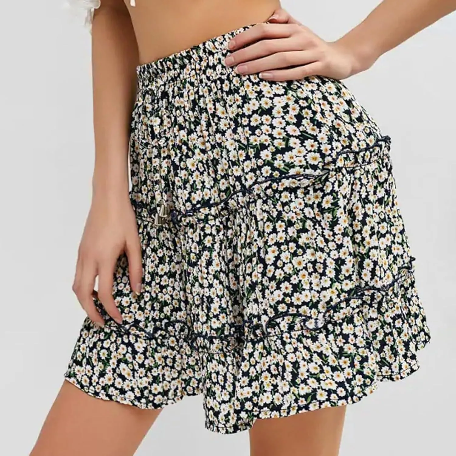 Short Pleated Skirts for Women High Wasited A-Line Floral Mini Skirt Flowy Beach Vacation Skirt Dressy Layered Skorts