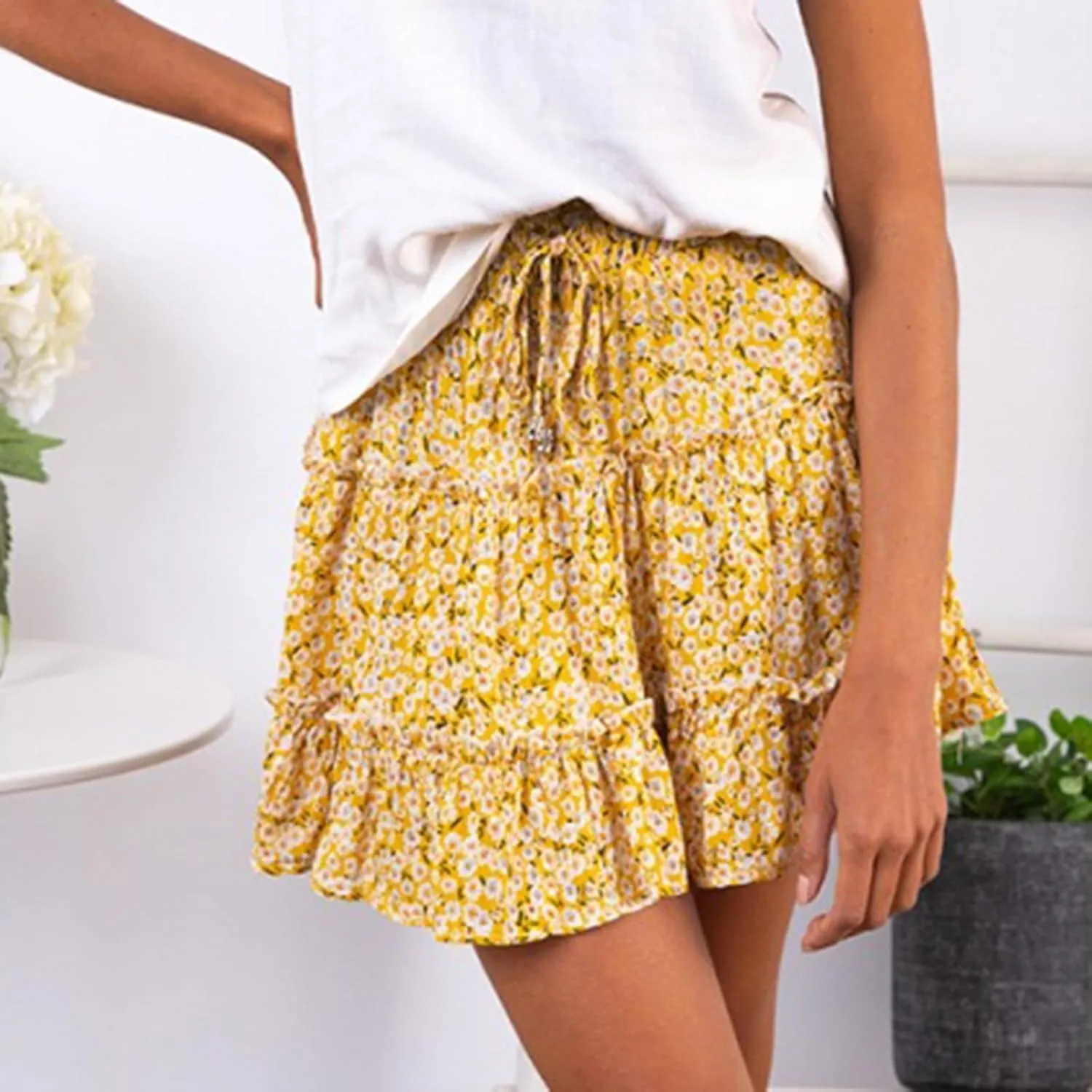 Short Skirts for Women Floral Casual Boho Y2K Tiered Pirouette Skort Western Beach Vacation Drawstring Mini Skirts