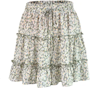 Short Skirts for Women Floral Casual Boho Y2K Tiered Pirouette Skort Western Beach Vacation Drawstring Mini Skirts