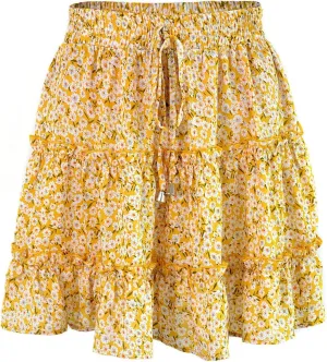 Short Skirts for Women Floral Casual Boho Y2K Tiered Pirouette Skort Western Beach Vacation Drawstring Mini Skirts