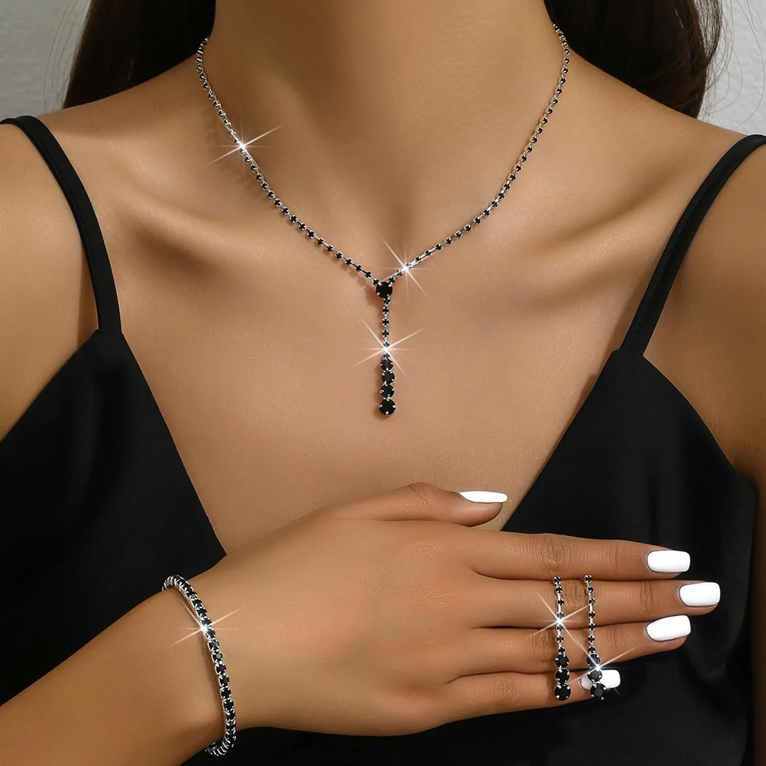Silver Jewelry Set Wedding Jewelry Sets for Brides Bridesmaid Rhinestone Crystal Statement Choker Necklace Earrings Bracelet Set Bridal Wedding Prom Jewelry Accessories for Women
