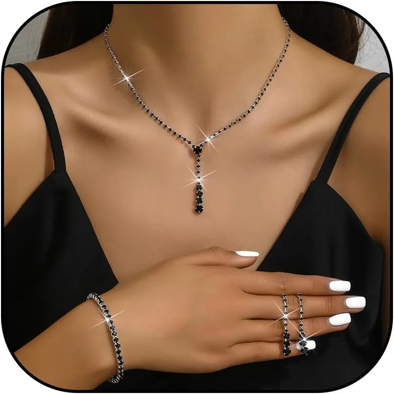 Silver Jewelry Set Wedding Jewelry Sets for Brides Bridesmaid Rhinestone Crystal Statement Choker Necklace Earrings Bracelet Set Bridal Wedding Prom Jewelry Accessories for Women