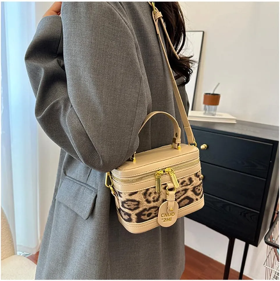 Small Leopard Print Box Handbag with Strap Top Handle Cheetah Print Satchel Handbag Leopard Crossbody Shoulder Purse