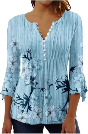 SMIDOW Tunic Tops for Women Loose Fit Spring Henley v Neck Shirt 3/4 Bell Sleeve Bohemian Floral Print t-Shirt Blouse Trendy
