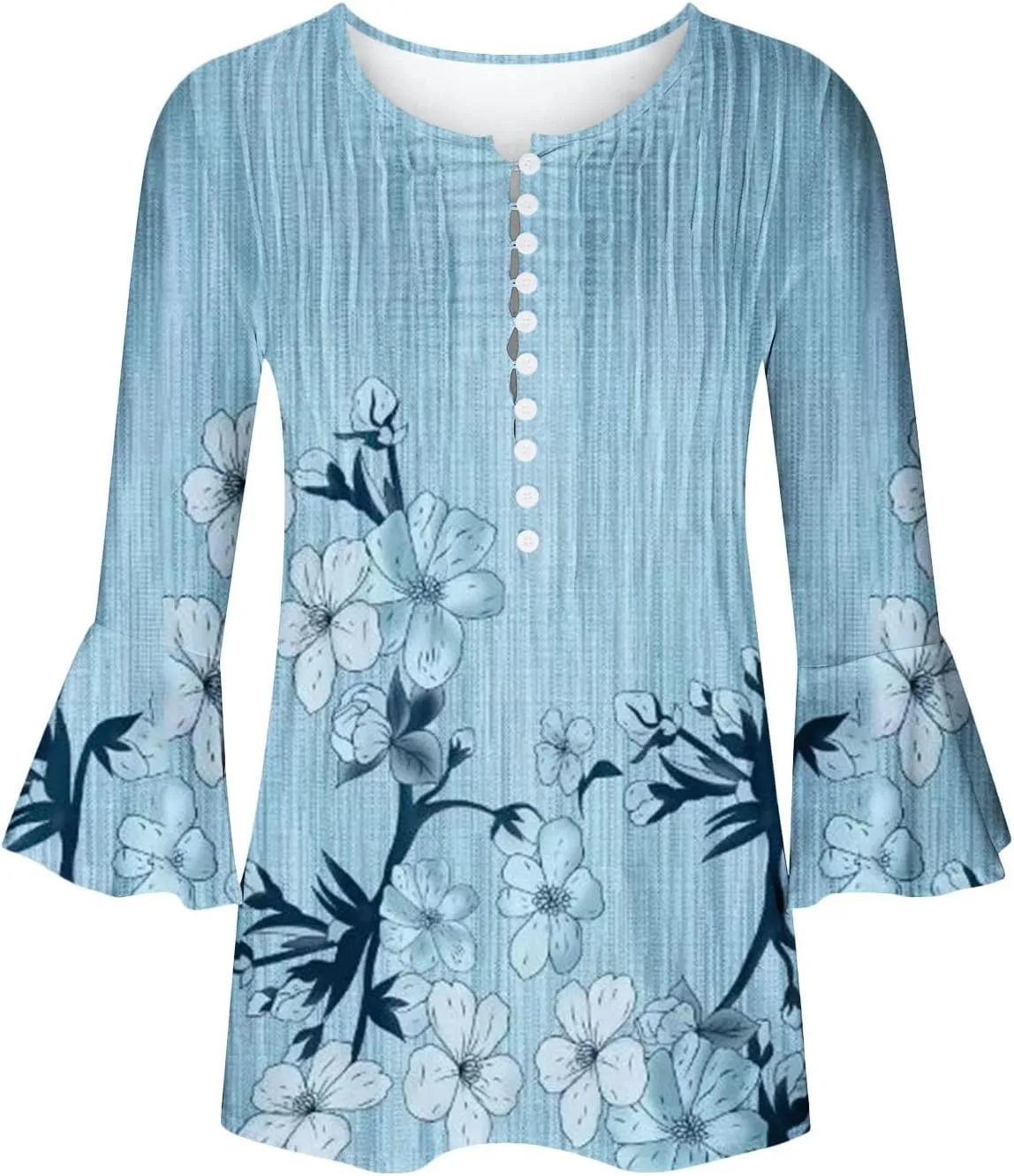 SMIDOW Tunic Tops for Women Loose Fit Spring Henley v Neck Shirt 3/4 Bell Sleeve Bohemian Floral Print t-Shirt Blouse Trendy