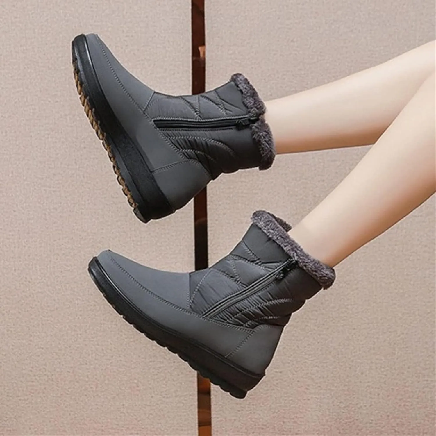 Snow Boots for Womens Winter Shoes Warm Fleece Lined Mid Calf Boots Women Anti Slip Water-proof Side Zipper Comfortable Outdoor Boot Platform Wedge Booties for Ladies Walking Hiking Shoes