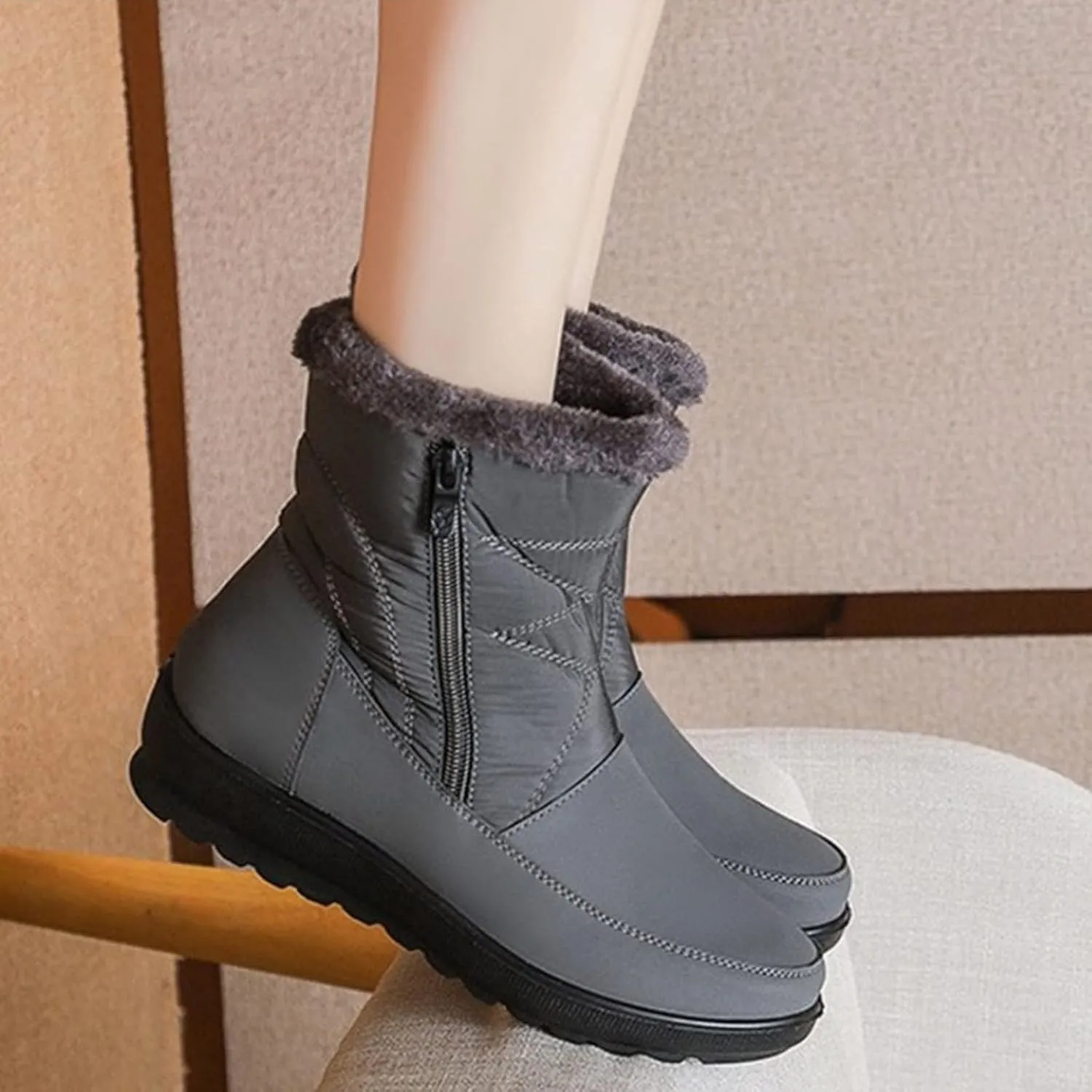 Snow Boots for Womens Winter Shoes Warm Fleece Lined Mid Calf Boots Women Anti Slip Water-proof Side Zipper Comfortable Outdoor Boot Platform Wedge Booties for Ladies Walking Hiking Shoes