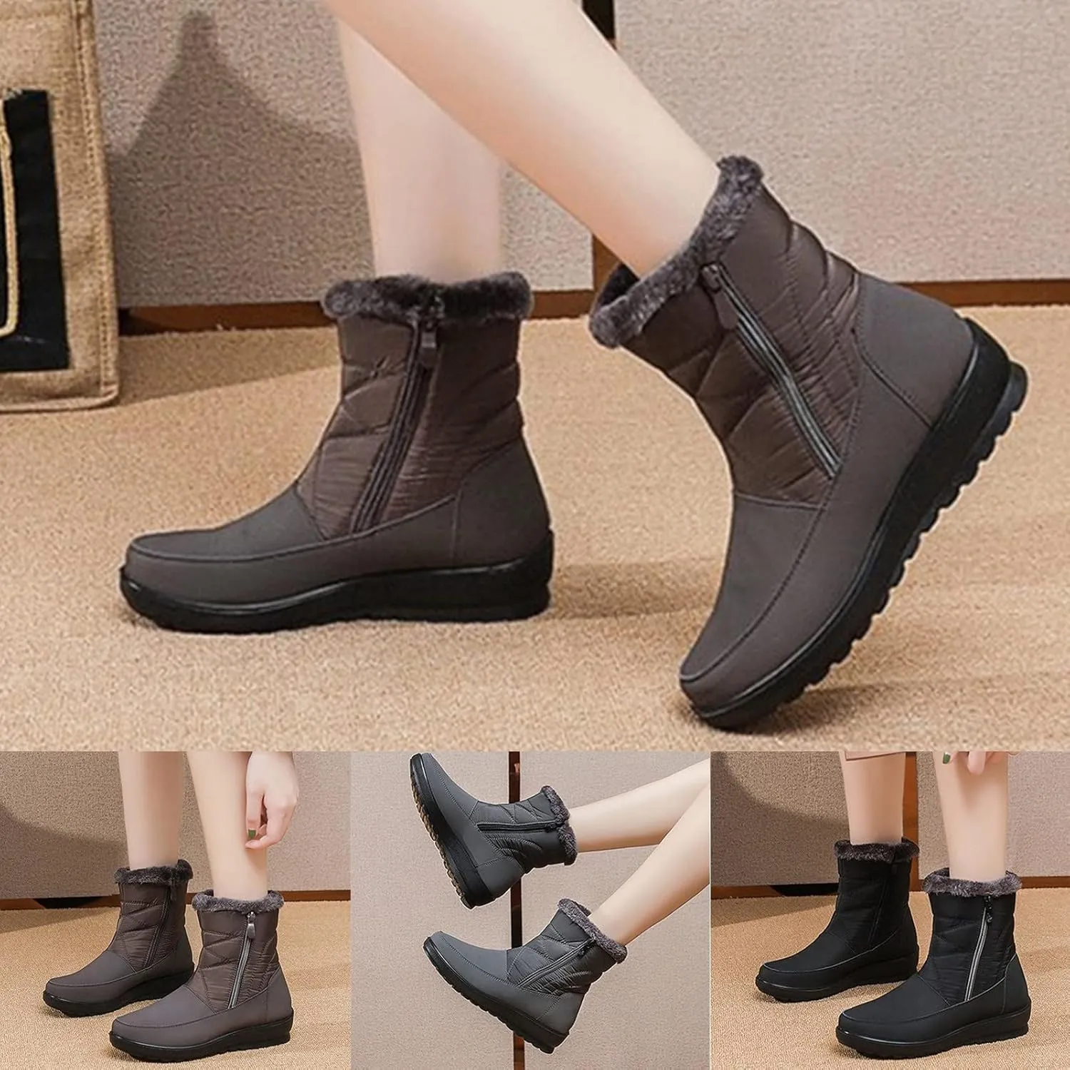 Snow Boots for Womens Winter Shoes Warm Fleece Lined Mid Calf Boots Women Anti Slip Water-proof Side Zipper Comfortable Outdoor Boot Platform Wedge Booties for Ladies Walking Hiking Shoes