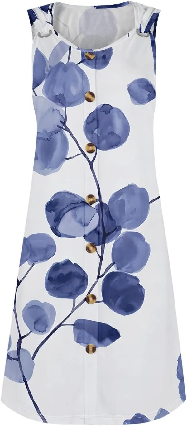 Spring Dresses for Women V Neck Button Floral Printed Boho Sleeveless A Line Mini Sundresses with Pockets