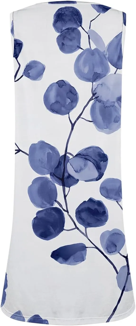 Spring Dresses for Women V Neck Button Floral Printed Boho Sleeveless A Line Mini Sundresses with Pockets