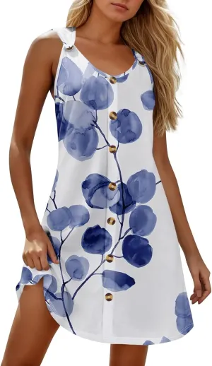 Spring Dresses for Women V Neck Button Floral Printed Boho Sleeveless A Line Mini Sundresses with Pockets