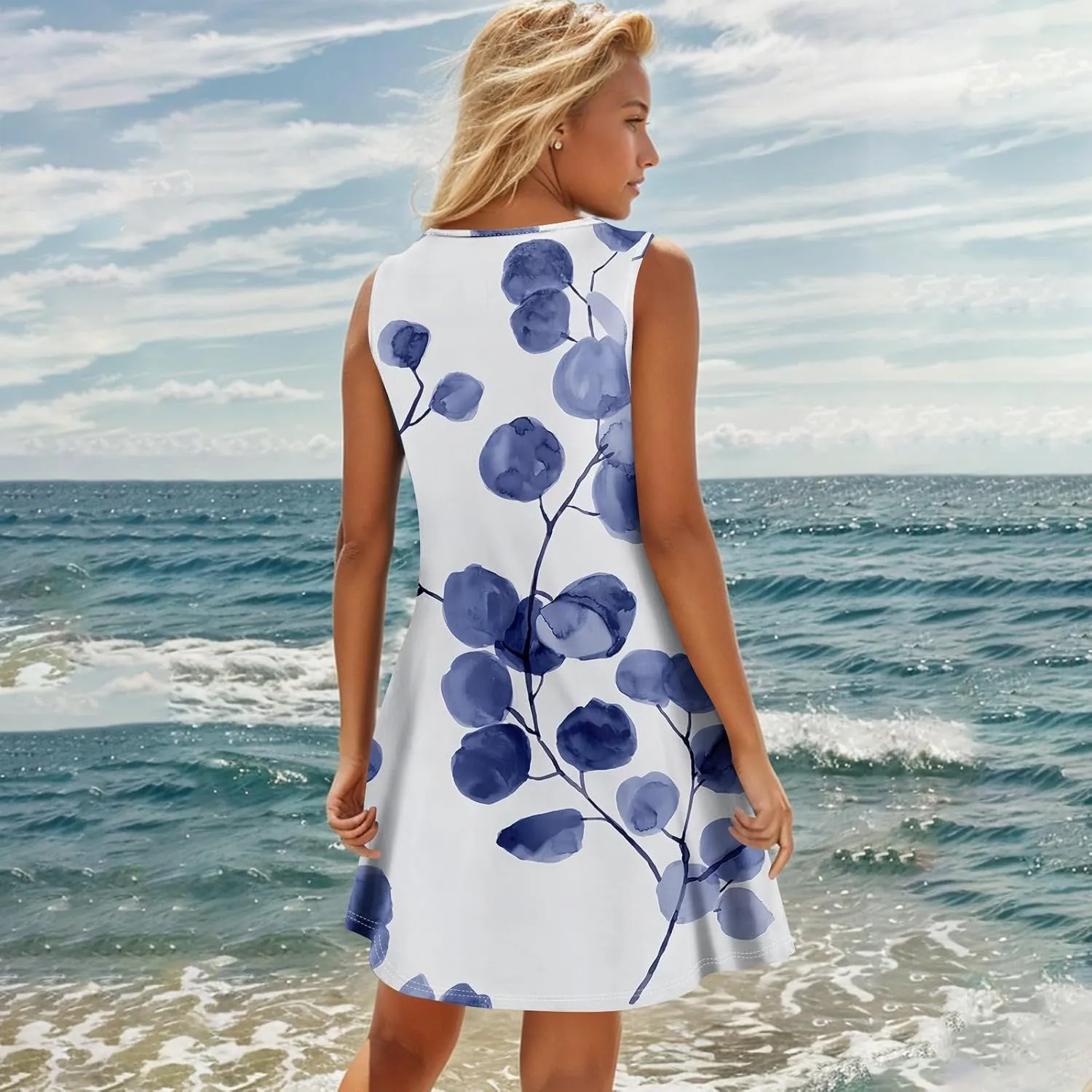 Spring Dresses for Women V Neck Button Floral Printed Boho Sleeveless A Line Mini Sundresses with Pockets