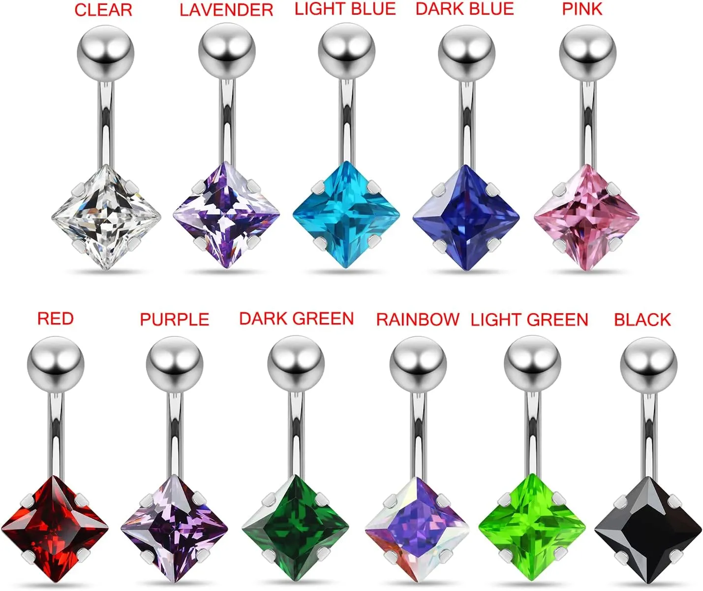 Square Cz Stone 14 Gauge Stainless Steel Belly Ring - Belly Button jewelry - Navel jewelry