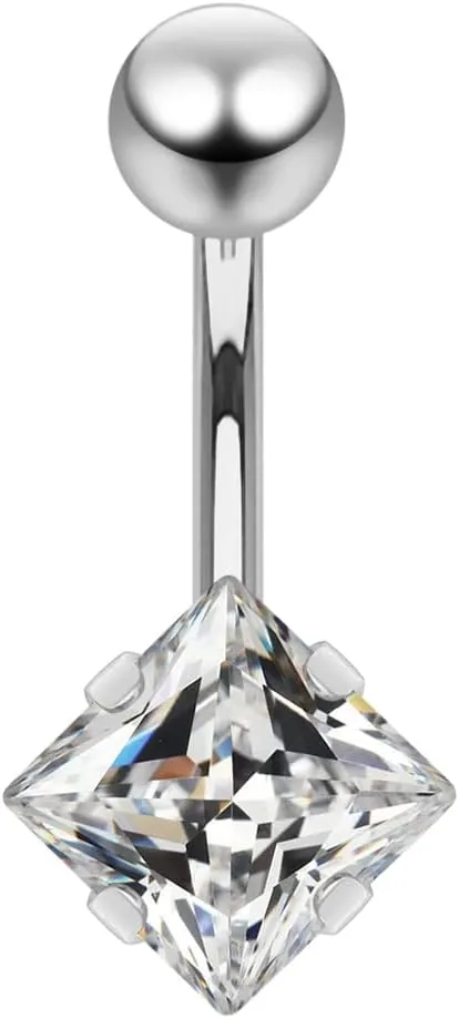 Square Cz Stone 14 Gauge Stainless Steel Belly Ring - Belly Button jewelry - Navel jewelry