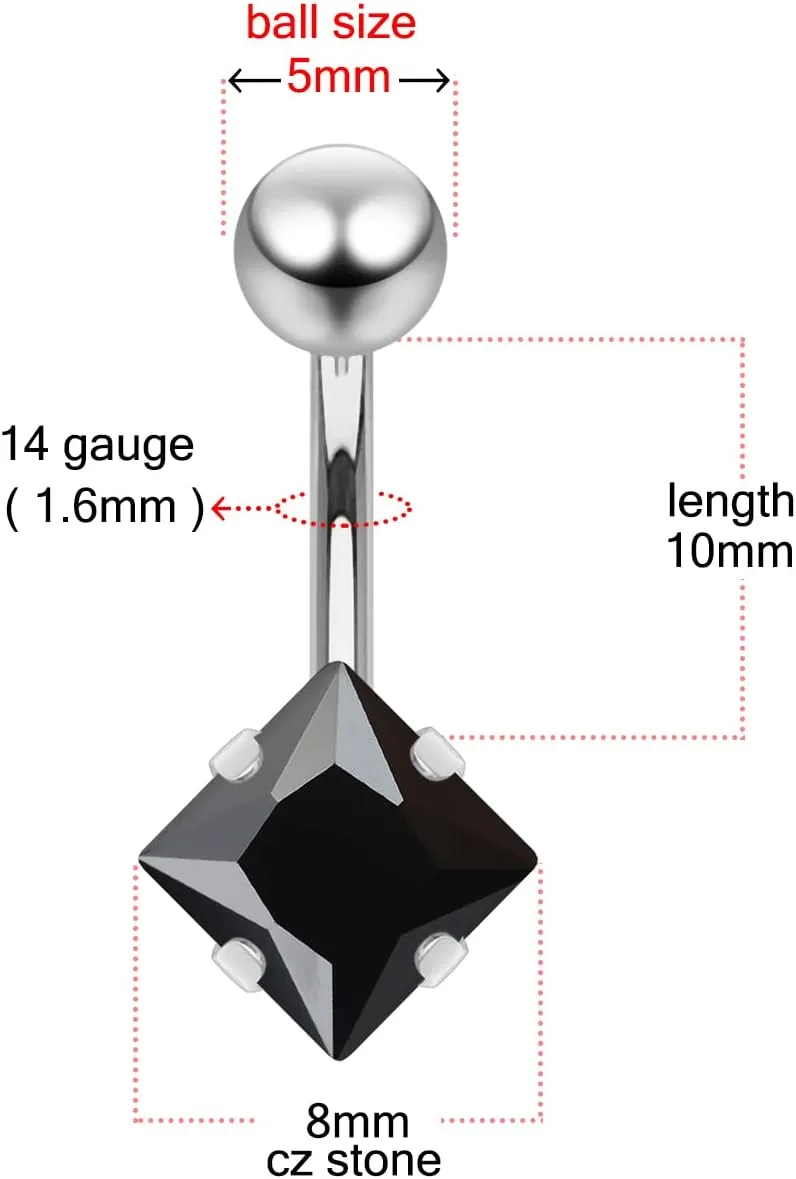 Square Cz Stone 14 Gauge Stainless Steel Belly Ring - Belly Button jewelry - Navel jewelry