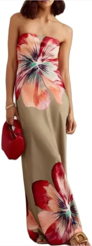 Strapless Floral Printed Maxi Dress for Women Summer Y2k Backless Bodycon Dress Sleeveless Beach Long Tube Sundresses