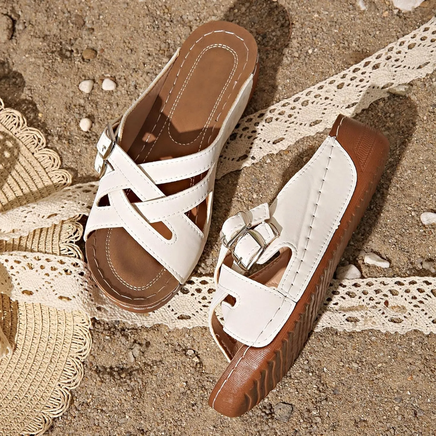 SuanlaTDS Orthopedic Sandals for Women 2025, Women's Platform Wedge Summer Crisscross Buckle Open Toe Slip-on Slides Beach Shoes Comfortable Dressy Low Heel Sandal with Arch Support