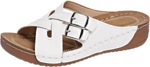 SuanlaTDS Orthopedic Sandals for Women 2025, Women's Platform Wedge Summer Crisscross Buckle Open Toe Slip-on Slides Beach Shoes Comfortable Dressy Low Heel Sandal with Arch Support