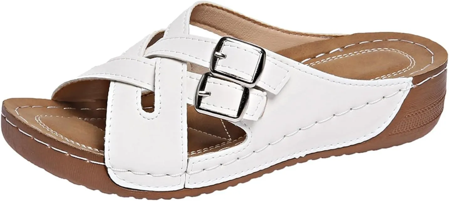 SuanlaTDS Orthopedic Sandals for Women 2025, Women's Platform Wedge Summer Crisscross Buckle Open Toe Slip-on Slides Beach Shoes Comfortable Dressy Low Heel Sandal with Arch Support