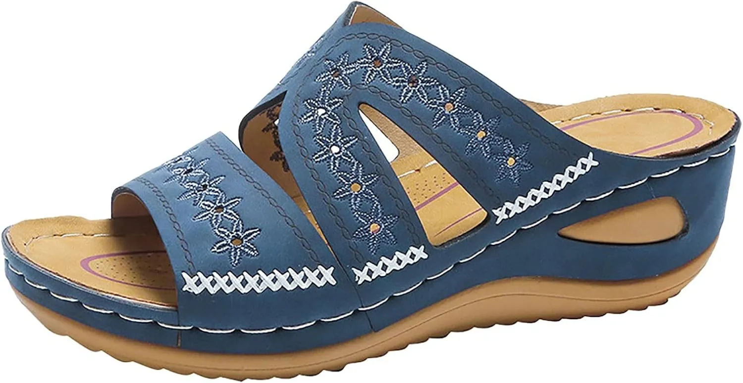 SuanlaTDS Orthopedic Sandals for Women Dressy Wedge Sandals with Arch Support Womens Slip On Platform Casual Outdoor Walking Wide Width Open Toe Summer Comfortable Beach Shoes