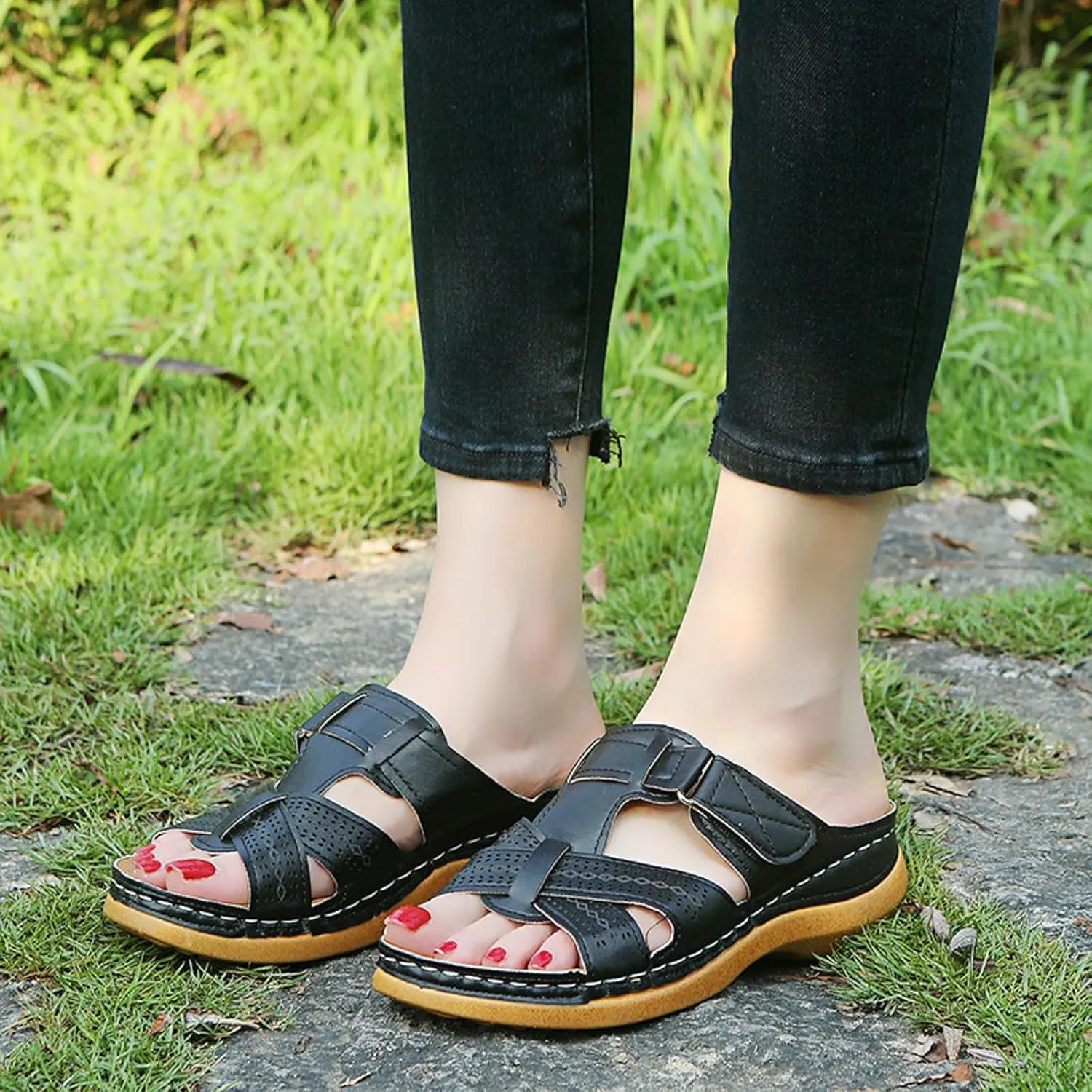 SuanlaTDS Orthopedic Sandals for Women Wedge Summer Dressy Comfortable Arch Support Slip On Platform Beach Walking Shoes 2025 Outdoor Open Toe Low Heels Boho Party Slide Sandal Slippers