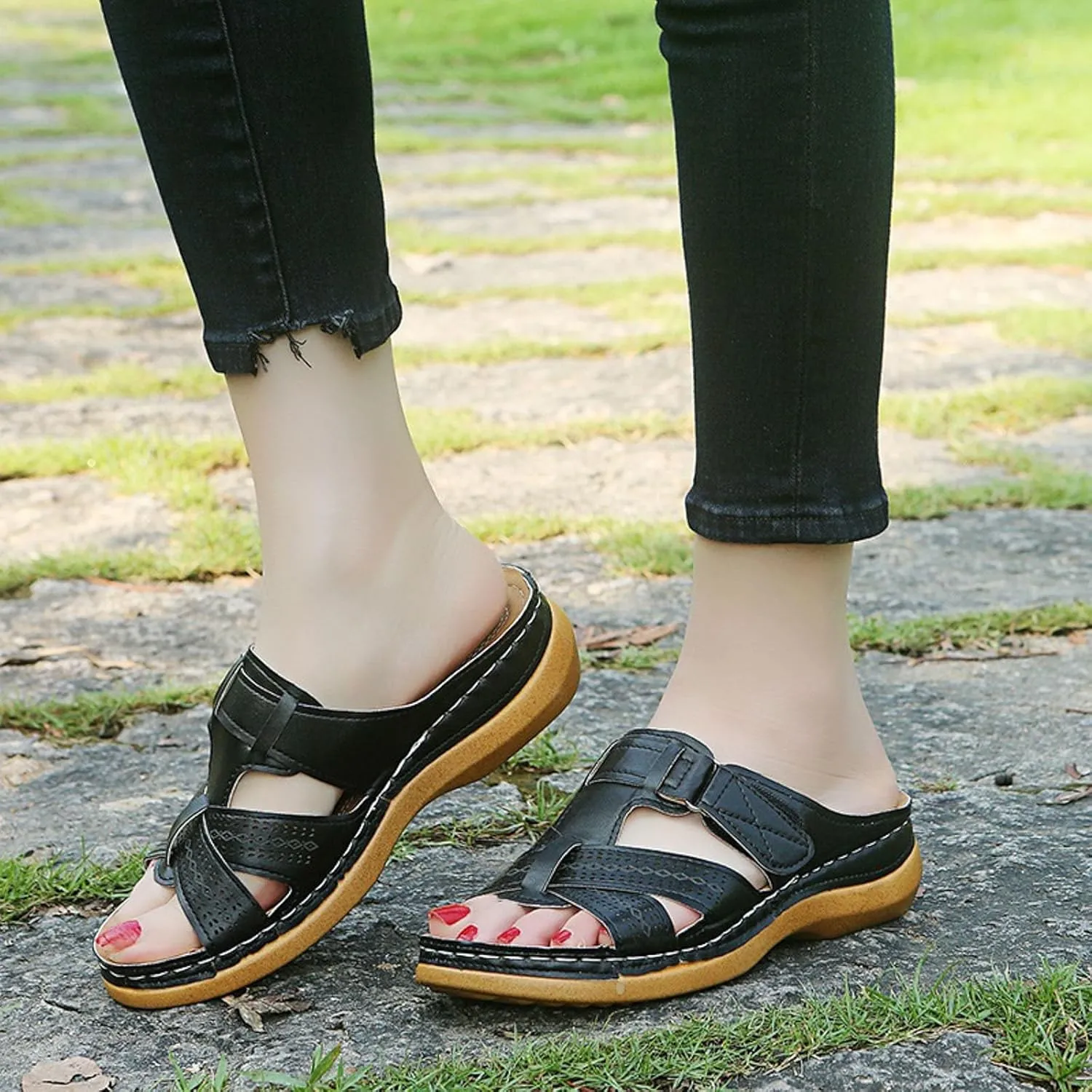 SuanlaTDS Orthopedic Sandals for Women Wedge Summer Dressy Comfortable Arch Support Slip On Platform Beach Walking Shoes 2025 Outdoor Open Toe Low Heels Boho Party Slide Sandal Slippers